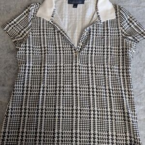 Tommy Hilfiger Women's Black and White Houndstooth Polo Top